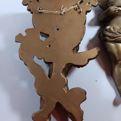 TWO cherub Angelic Face Gold Gilded Wings Wall Hanging Decor Sculptures /wall pockets with vases