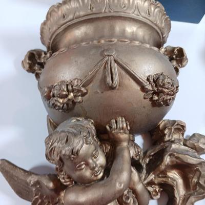TWO cherub Angelic Face Gold Gilded Wings Wall Hanging Decor Sculptures /wall pockets with vases