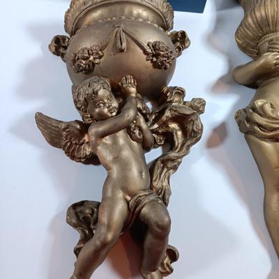 TWO cherub Angelic Face Gold Gilded Wings Wall Hanging Decor Sculptures /wall pockets with vases