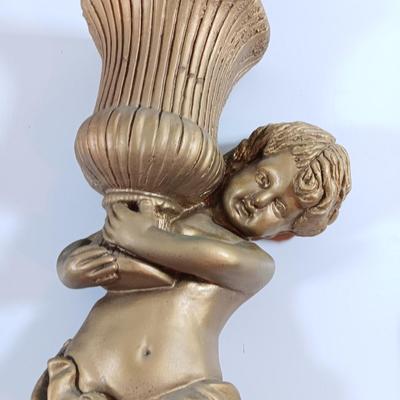 TWO cherub Angelic Face Gold Gilded Wings Wall Hanging Decor Sculptures /wall pockets with vases