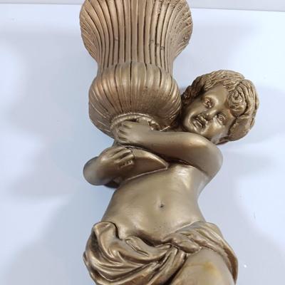 TWO cherub Angelic Face Gold Gilded Wings Wall Hanging Decor Sculptures /wall pockets with vases