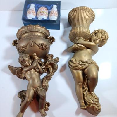 TWO cherub Angelic Face Gold Gilded Wings Wall Hanging Decor Sculptures /wall pockets with vases