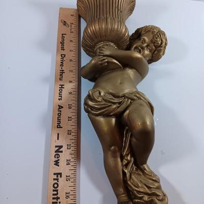 TWO cherub Angelic Face Gold Gilded Wings Wall Hanging Decor Sculptures /wall pockets with vases