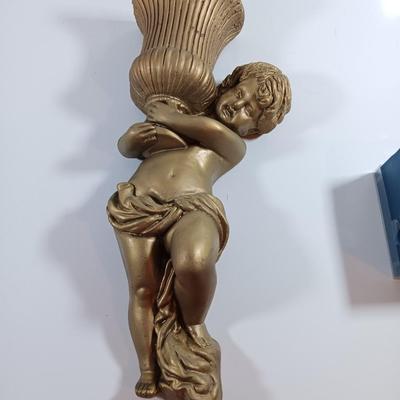 TWO cherub Angelic Face Gold Gilded Wings Wall Hanging Decor Sculptures /wall pockets with vases