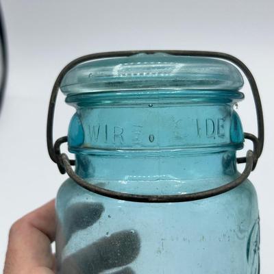 Vintage Pale Blue Ball Ideal Glass Wide Mouth Canning Jar with Wire Latch