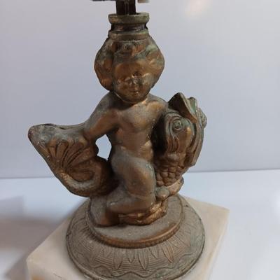 Pair of Vintage Antique Kintaro Boy Riding Koi Fish Figurines Victorian Hollywood regency repair Brass