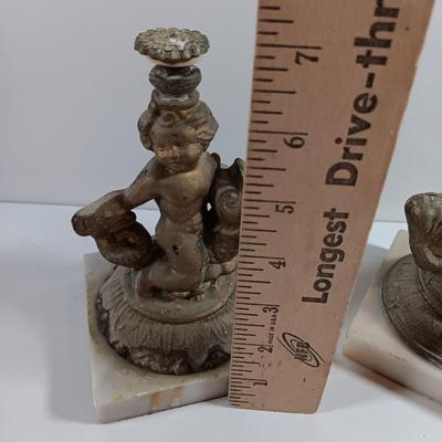 Pair of Vintage Antique Kintaro Boy Riding Koi Fish Figurines Victorian Hollywood regency repair Brass
