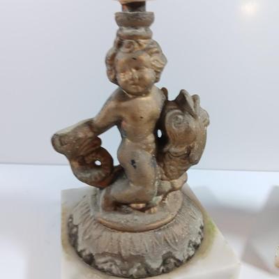 Pair of Vintage Antique Kintaro Boy Riding Koi Fish Figurines Victorian Hollywood regency repair Brass