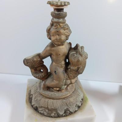 Pair of Vintage Antique Kintaro Boy Riding Koi Fish Figurines Victorian Hollywood regency repair Brass
