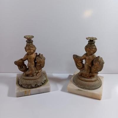 Pair of Vintage Antique Kintaro Boy Riding Koi Fish Figurines Victorian Hollywood regency repair Brass