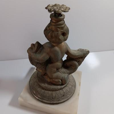 Pair of Vintage Antique Kintaro Boy Riding Koi Fish Figurines Victorian Hollywood regency repair Brass