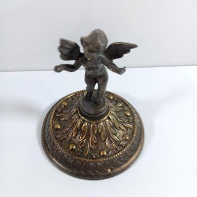 TWO cherub Decorative Antiques. One chalkware wall art and one brass colored decorative piece