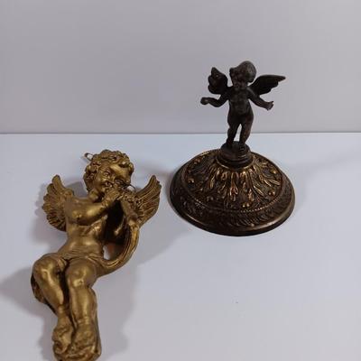 TWO cherub Decorative Antiques. One chalkware wall art and one brass colored decorative piece