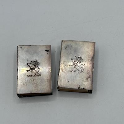 Pair of Vintage Sterling Silver Matchbox Matches Case with Stamped Lion Pattern Emblem