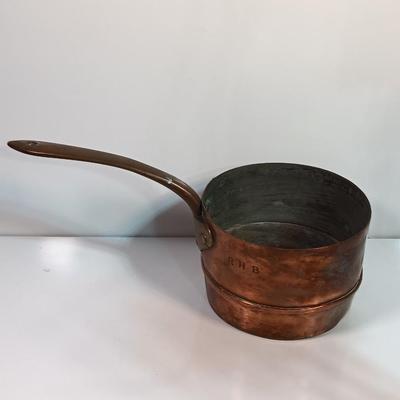 Primitive Large Antique French Copper & Iron Saucepan stamped RHB Nice repair!