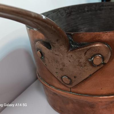 Primitive Large Antique French Copper & Iron Saucepan stamped RHB Nice repair!