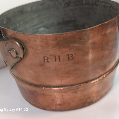 Primitive Large Antique French Copper & Iron Saucepan stamped RHB Nice repair!