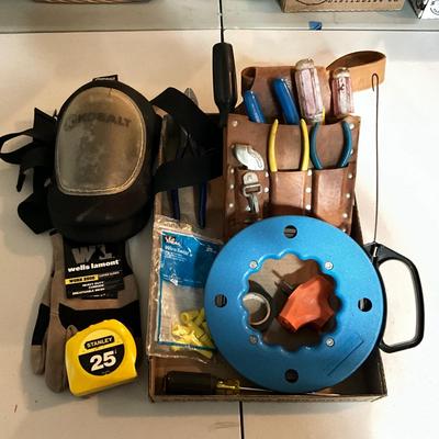 G1966 Electrical Lot with Knee Pads, Leather Belt, Pliers and more