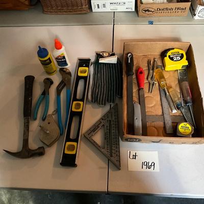 G1969 Misc. Tool Lot with files, Level, Hammer, Chalk Line , and more
