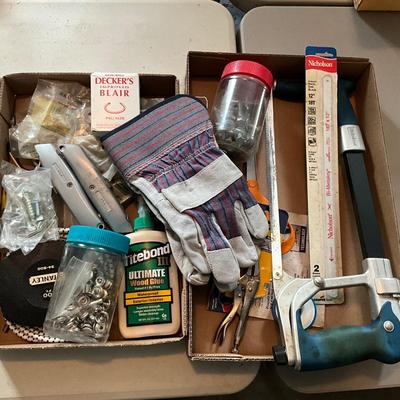 G1982 Various Lot of Tools, Screws , Box Cutter, Hand Saw, Glue , Gloves and more