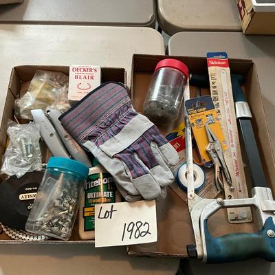 G1982 Various Lot of Tools, Screws , Box Cutter, Hand Saw, Glue , Gloves and more