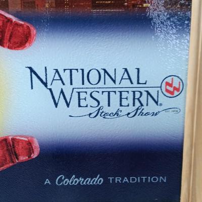 Wood framed National Western Stock show-stained textured glass artwork