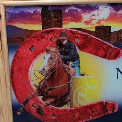 Wood framed National Western Stock show-stained textured glass artwork