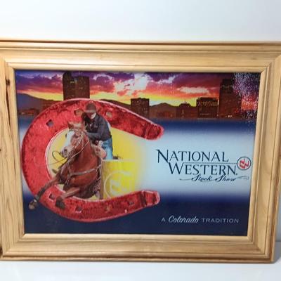 Wood framed National Western Stock show-stained textured glass artwork