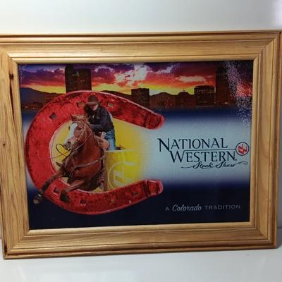 Wood framed National Western Stock show-stained textured glass artwork
