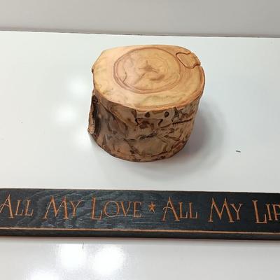 Signed Aspen wood puzzle stow away box with 12" All My Love All my life sign.