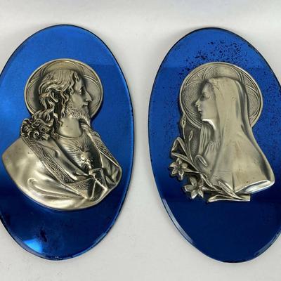  art deco MIRRORED BLUE GLASS JESUS & MARY WALL PLAQUES