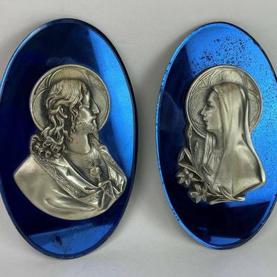 art deco MIRRORED BLUE GLASS JESUS & MARY WALL PLAQUES