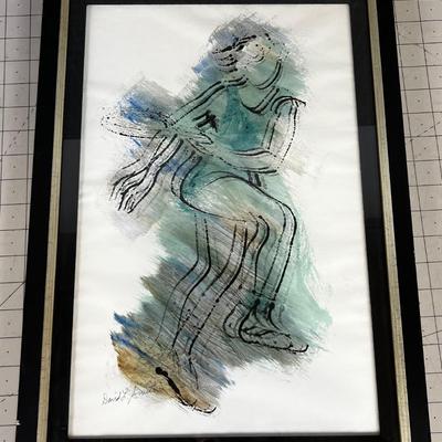 Tennis Player: Signed Water Color by David L. Smith, Framed