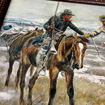 Vintage Western Print Frame Trapper & Native American 