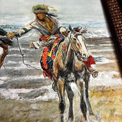 Vintage Western Print Frame Trapper & Native American 