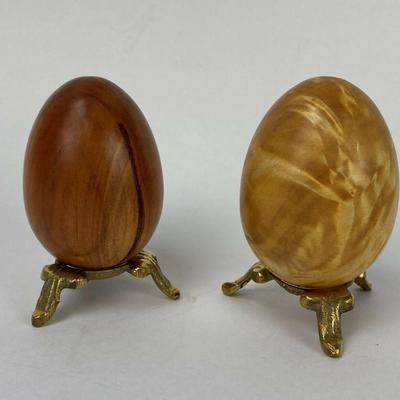  Decorative Hand Carved Turned Wood Egg pair Brass Bases