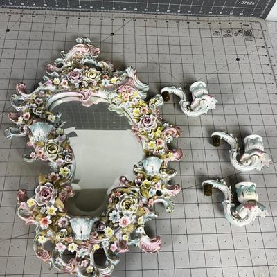 FLORAL Dresden Mirror with Candle Holders. 