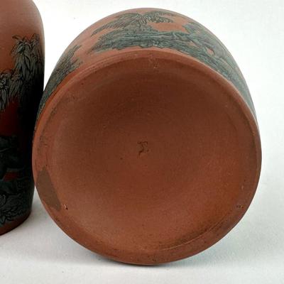 Antique English Prattware Red Terracotta Transferware Meat Paste Jars 1860s