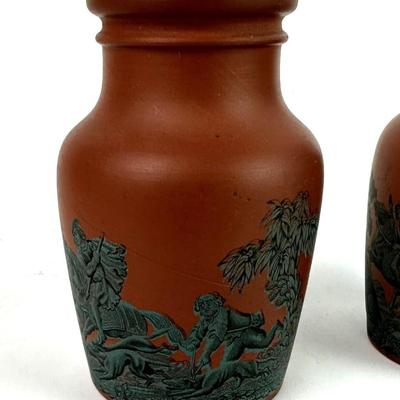 Antique English Prattware Red Terracotta Transferware Meat Paste Jars 1860s