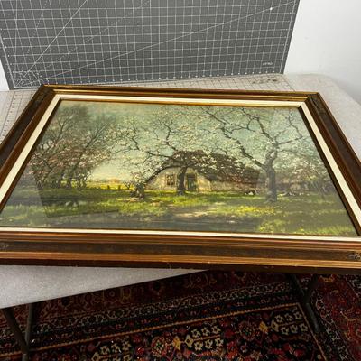 Framed Under Glass French Farm Scene LITHOGRAPH 