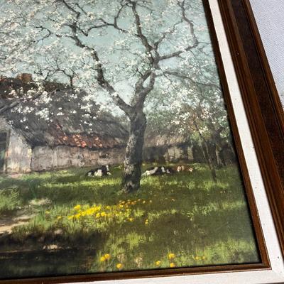 Framed Under Glass French Farm Scene LITHOGRAPH 