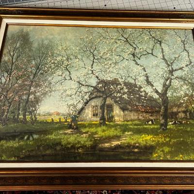 Framed Under Glass French Farm Scene LITHOGRAPH 