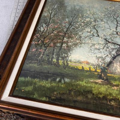 Framed Under Glass French Farm Scene LITHOGRAPH 