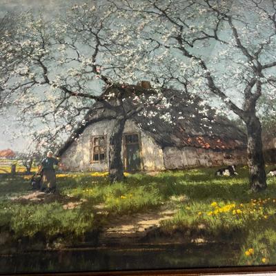 Framed Under Glass French Farm Scene LITHOGRAPH 