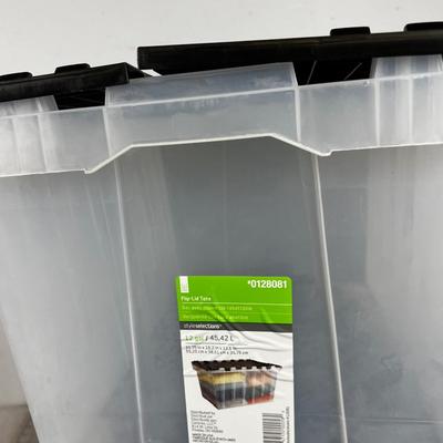 (2)  12 Gallon Totes with Built in Lids Black & Clear