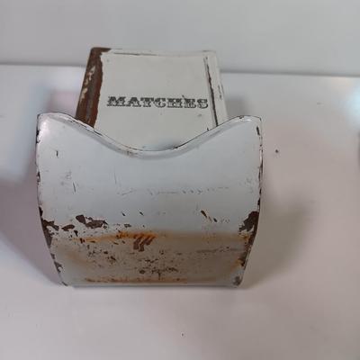 VINTAGE rustic - Farm White metal match box and an antique Dubuque Potts Cast Iron Trivet