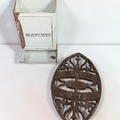 VINTAGE rustic - Farm White metal match box and an antique Dubuque Potts Cast Iron Trivet