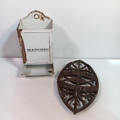 VINTAGE rustic - Farm White metal match box and an antique Dubuque Potts Cast Iron Trivet