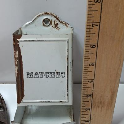 VINTAGE rustic - Farm White metal match box and an antique Dubuque Potts Cast Iron Trivet