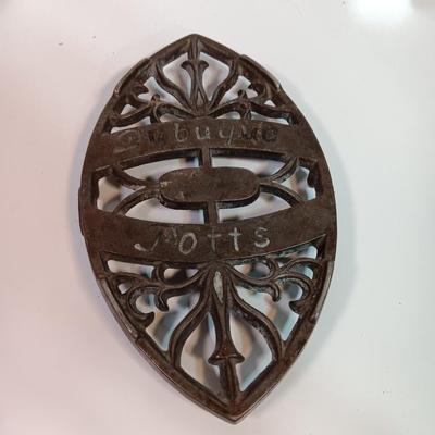 VINTAGE rustic - Farm White metal match box and an antique Dubuque Potts Cast Iron Trivet
